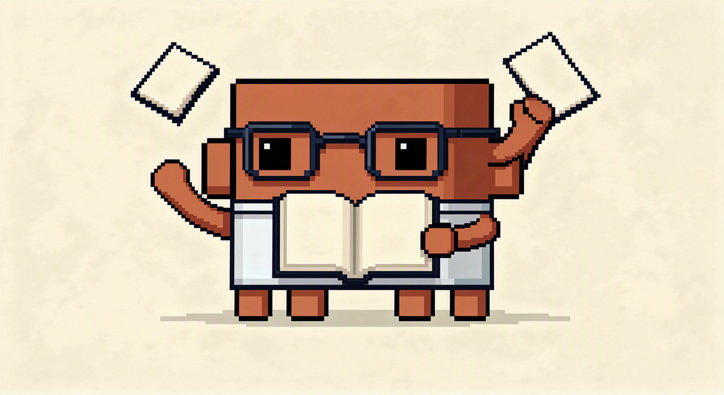 La mascota encogiéndose de hombros con un libro en blanco