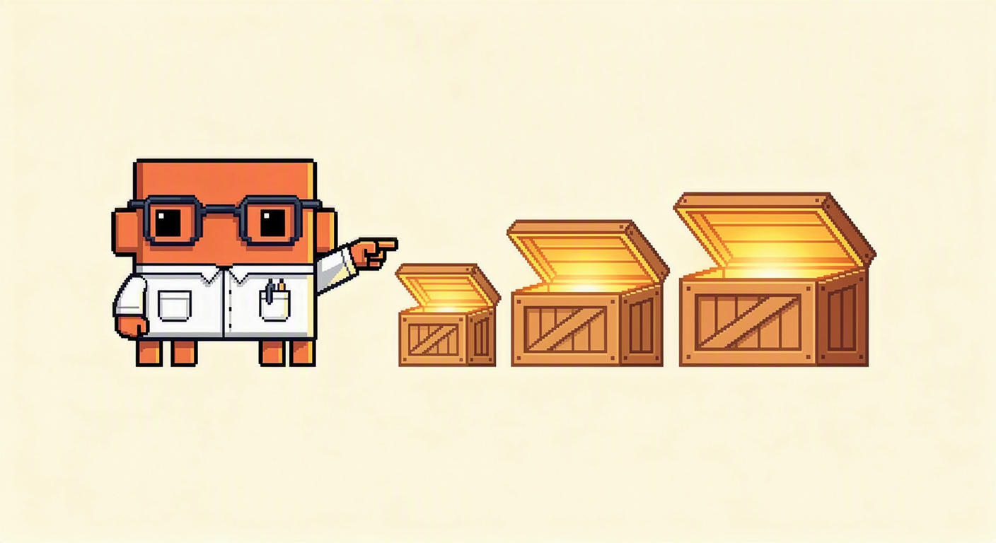 La mascota junto a tres cajas abiertas de distinto tamaño, señalando la más grande